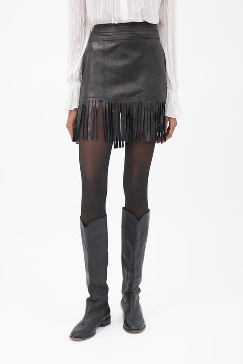 Blumarine Black Leather Fringe Skirt