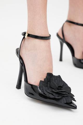 Blumarine Black Patent Leather Decollete Flower Heel