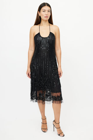 Blumarine Black Sequin Halter Dress