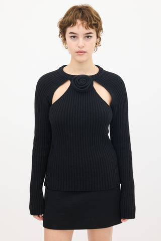 Blumarine Black Wool Knit Ribbed Floral Sweater