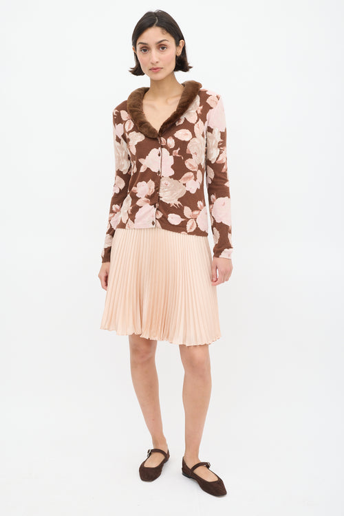 Blumarine Brown & Pink Floral & Faux Fur Cardigan