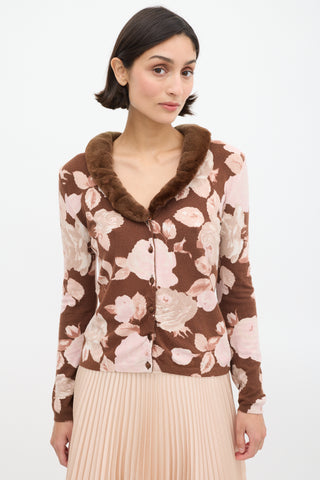 Blumarine Brown & Pink Floral & Faux Fur Cardigan