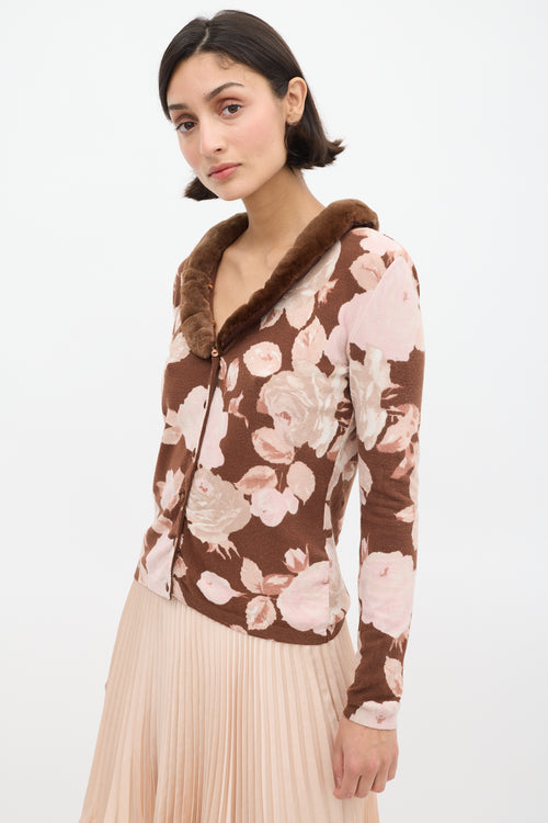 Blumarine Brown & Pink Floral & Faux Fur Cardigan