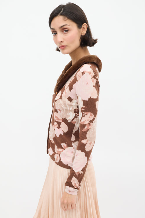 Blumarine Brown & Pink Floral & Faux Fur Cardigan