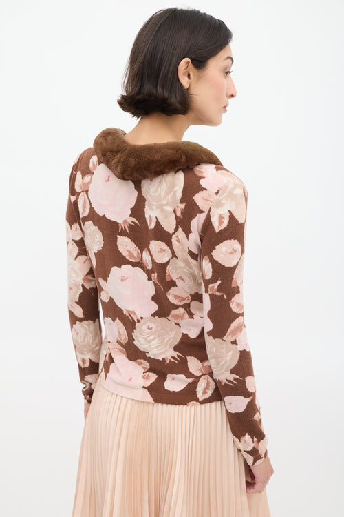 Blumarine Brown & Pink Floral & Faux Fur Cardigan