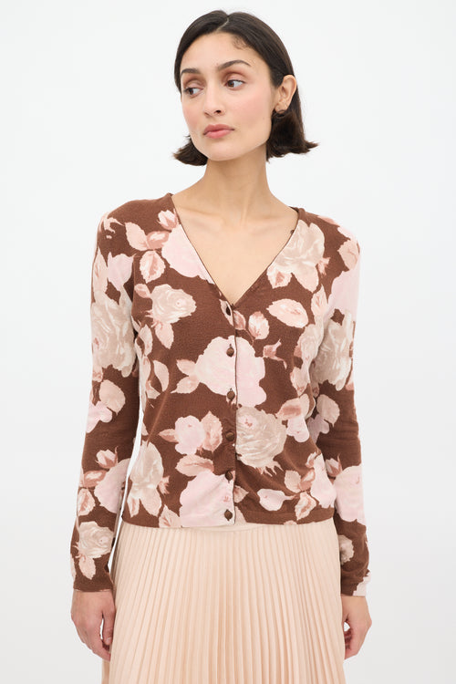 Blumarine Brown & Pink Floral & Faux Fur Cardigan