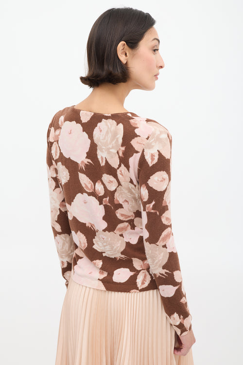 Blumarine Brown & Pink Floral & Faux Fur Cardigan