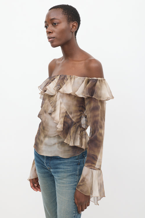 Blumarine Brown Silk Sheer Ruffled Off Shoulder Top