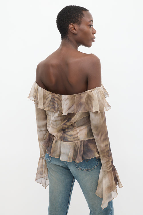 Blumarine Brown Silk Sheer Ruffled Off Shoulder Top