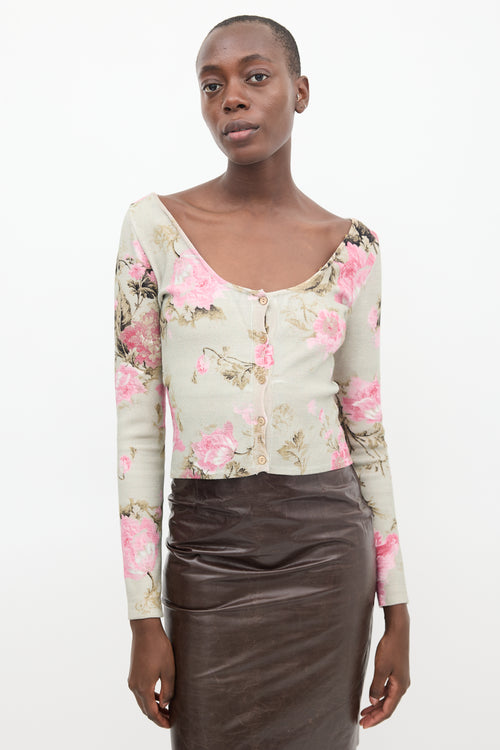 Blumarine Green & Pink Floral Collared Cardigan