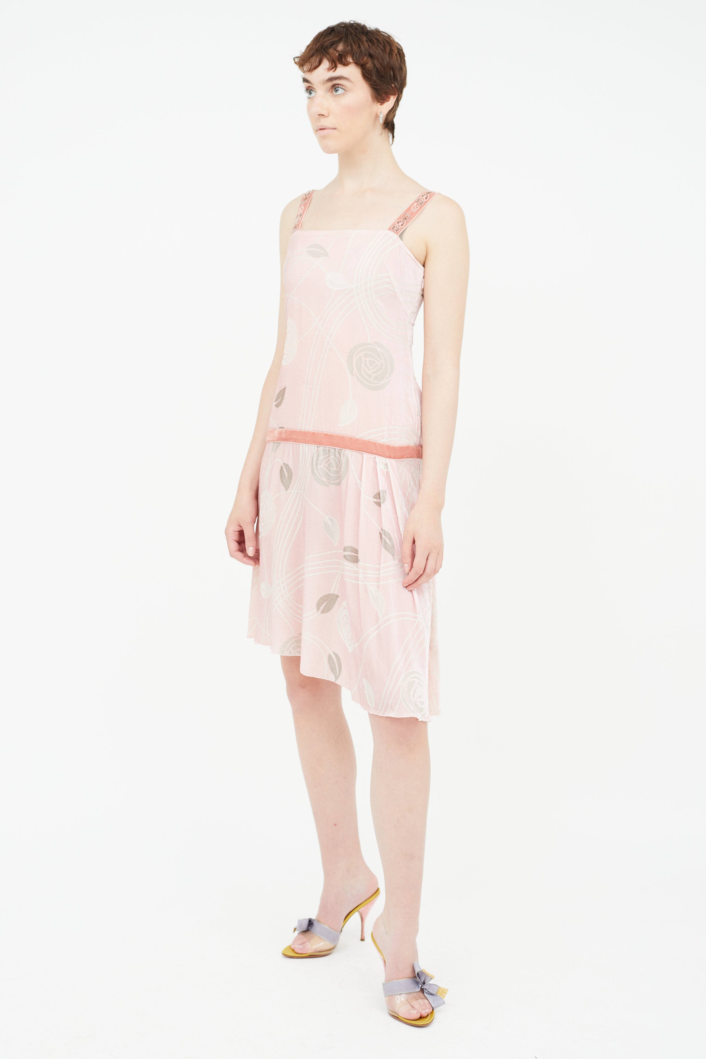 Blumarine // Pink & Grey Velvet Floral Dress VSP Consignment Blumarine // Pink & Grey Velvet Floral Dress VSP Consignment
