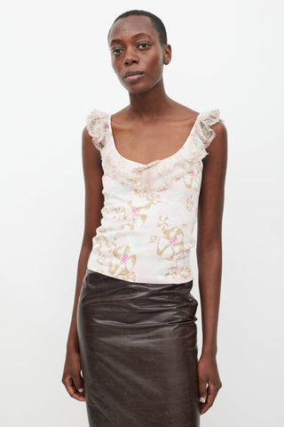 Blumarine Pink & Multicolour Floral Ruffled Tank Top