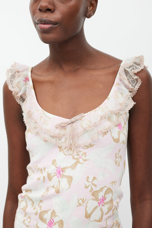 Blumarine Pink & Multicolour Floral Ruffled Tank Top