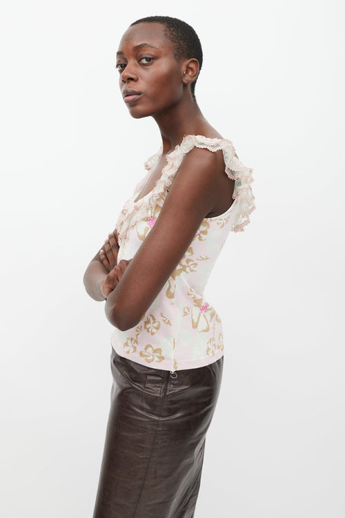 Blumarine Pink & Multicolour Floral Ruffled Tank Top