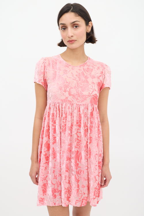 Blumarine Pink Velvet Floral Semi Sheer Dress