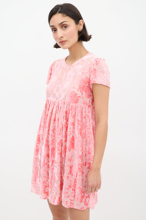 Blumarine Pink Velvet Floral Semi Sheer Dress