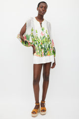 Blumarine White & Multicolour Floral Silk Pleated Top