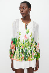 Blumarine White & Multicolour Floral Silk Pleated Top
