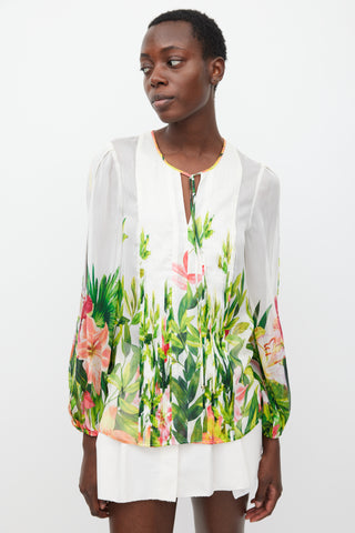 Blumarine White & Multicolour Floral Silk Pleated Top