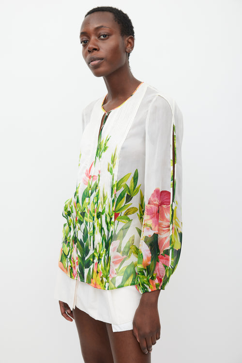 Blumarine White & Multicolour Floral Silk Pleated Top