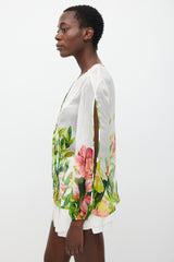 Blumarine White & Multicolour Floral Silk Pleated Top