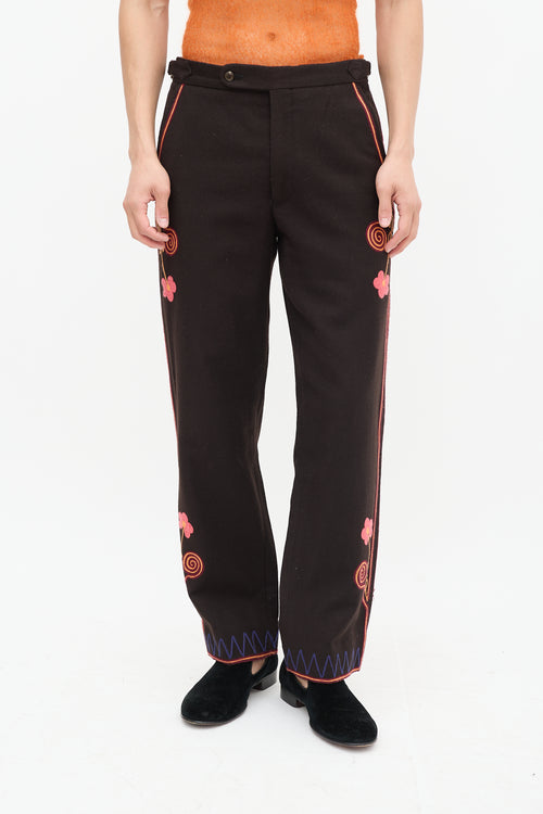 Bode Brown & Multicolour Wool Floral Embroidered Trouser