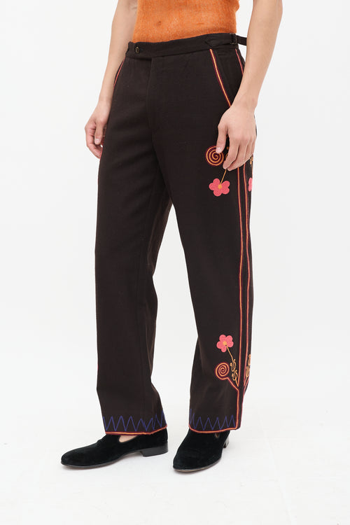 Bode Brown & Multicolour Wool Floral Embroidered Trouser