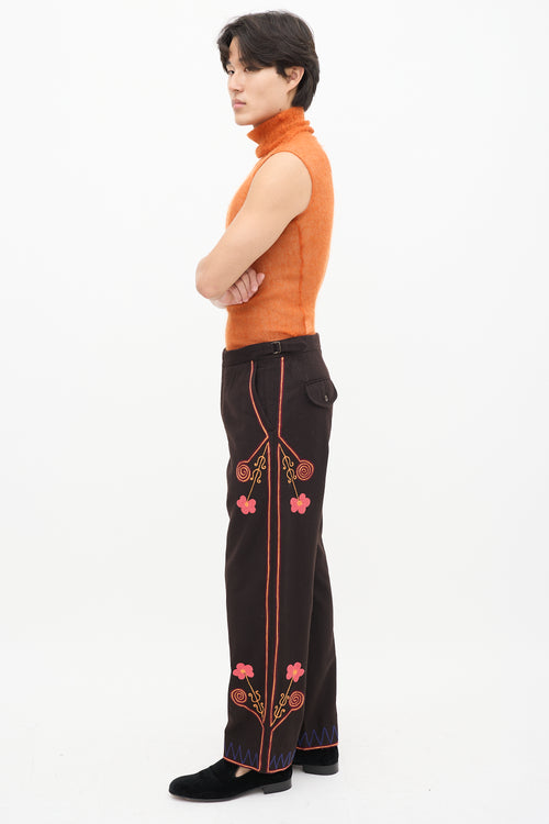 Bode Brown & Multicolour Wool Floral Embroidered Trouser