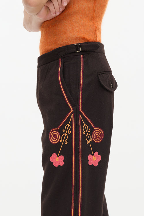 Bode Brown & Multicolour Wool Floral Embroidered Trouser