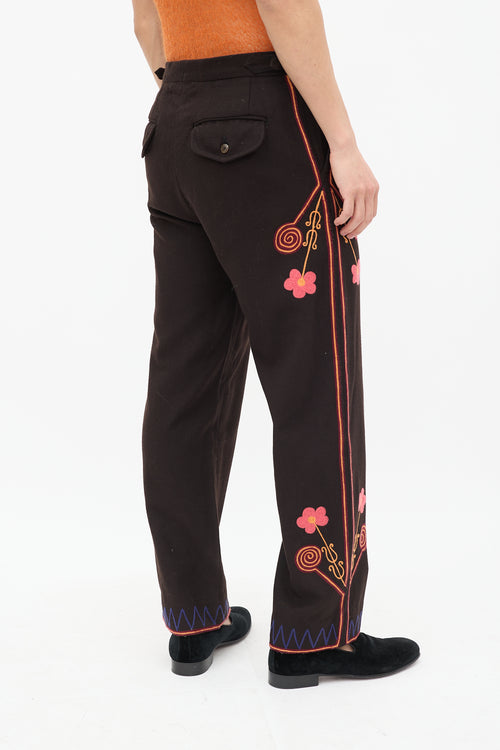 Bode Brown & Multicolour Wool Floral Embroidered Trouser