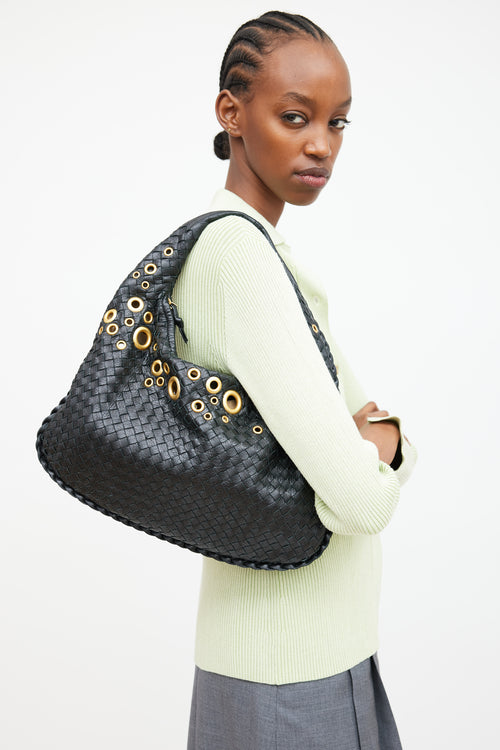 Bottega Veneta Black Intrecciato Leather & Gold Grommet Bag