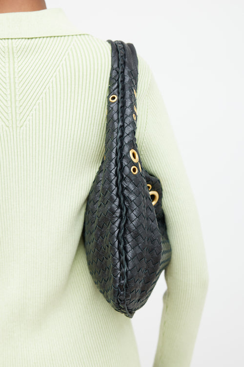 Bottega Veneta Black Intrecciato Leather & Gold Grommet Bag