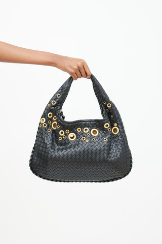 Bottega Veneta Black Intrecciato Leather & Gold Grommet Bag