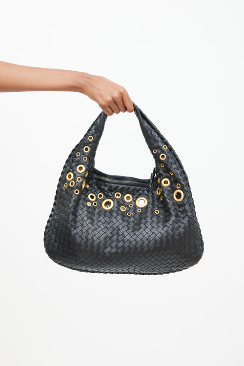 Bottega Veneta Black Intrecciato Leather & Gold Grommet Bag