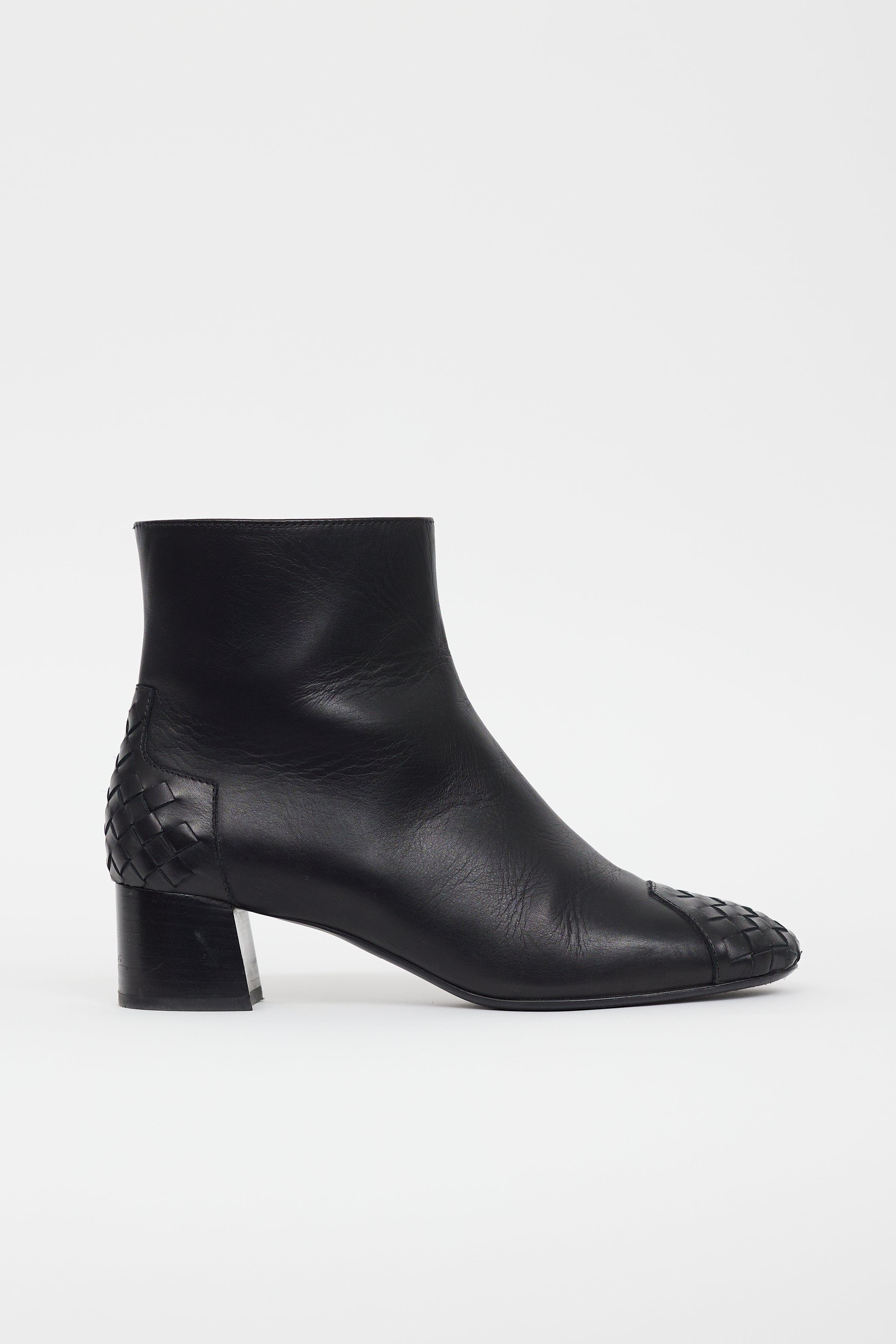 Bottega Veneta // Black Leather Intrecciato Ankle Boot – VSP