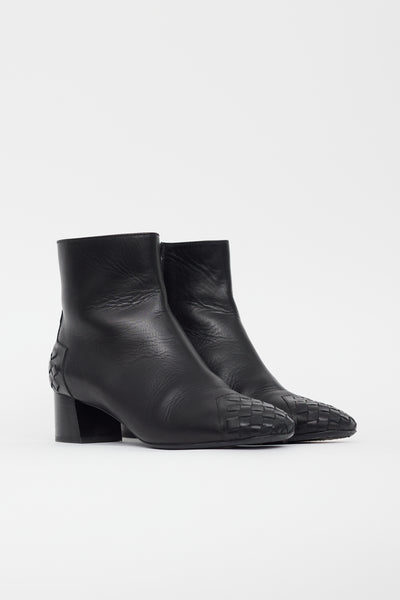 Black Leather Intrecciato Ankle Boot