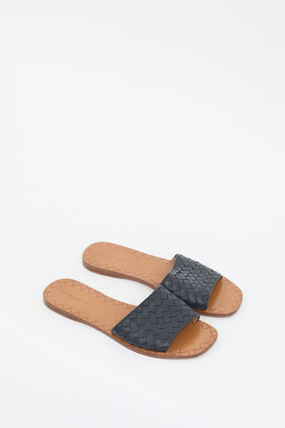 Bottega Veneta Black Leather Intrecciato Slide