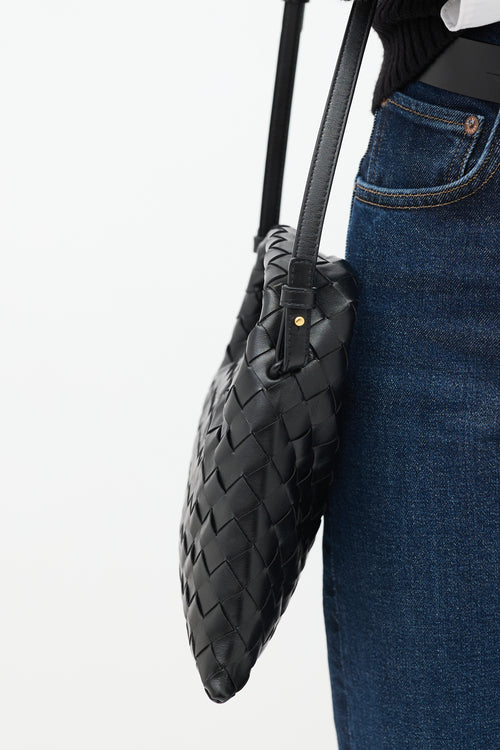 Bottega Veneta Black Leather Mini Hop Intrecciato Bag