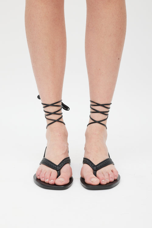 Bottega Veneta Black Woven Leather Lace Up Sandal