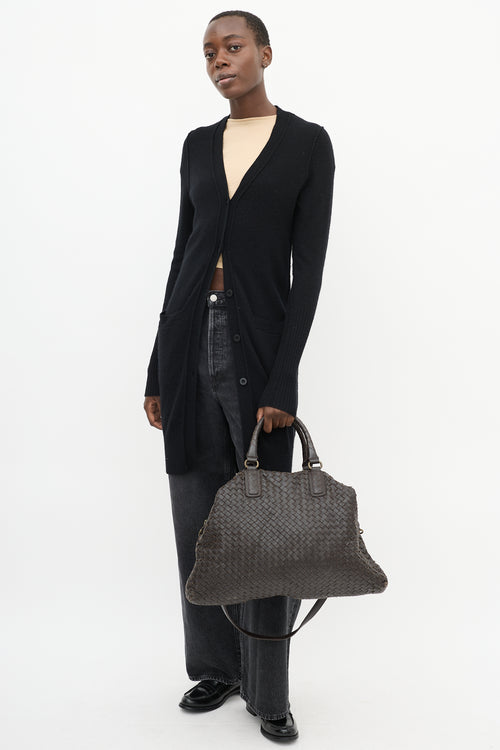 Bottega Veneta Dark Brown Leather Intrecciato Two Way Tote Bag