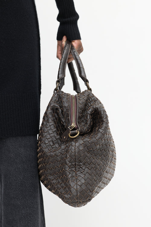 Bottega Veneta Dark Brown Leather Intrecciato Two Way Tote Bag