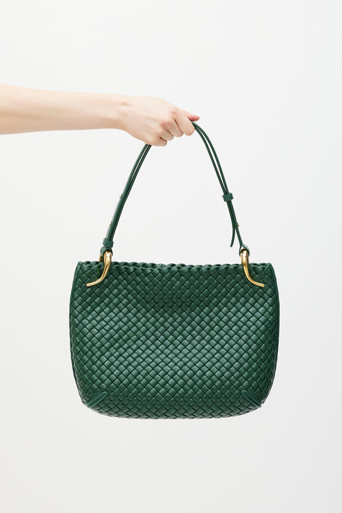 Bottega Veneta Dark Green Leather Intrecciato Medium Clicker Bag