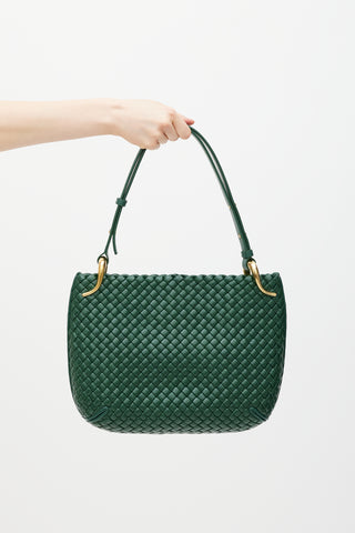Bottega Veneta Dark Green Leather Intrecciato Medium Clicker Bag