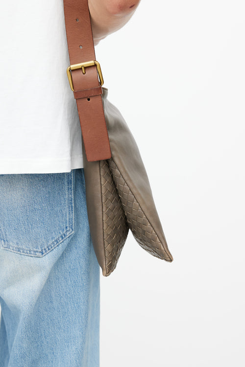 Bottega Veneta Grey & Brown Intrecciato Leather Crossbody Bag