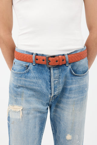 Bottega Veneta Orange Leather Intrecciato Belt
