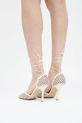 Bottega Veneta Beige Leather Sparkle Strech Lace Up Heel