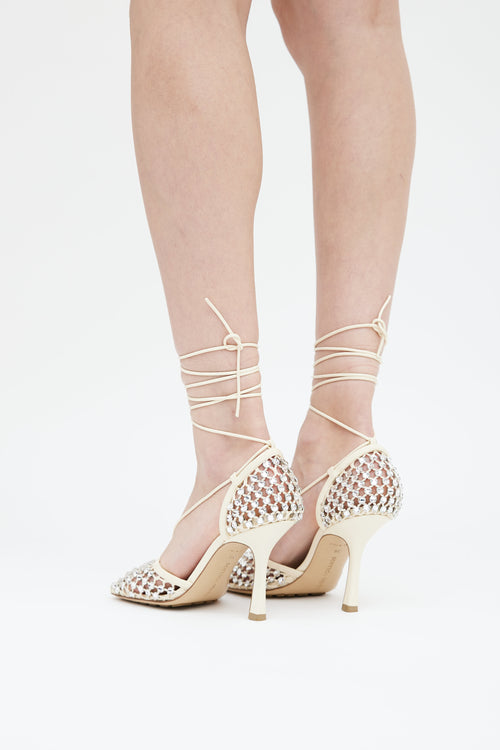 Bottega Veneta Beige Leather Sparkle Strech Lace Up Heel