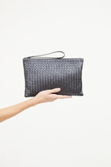 Bottega Veneta Grey Metallic Intrecciato Woven Pouch