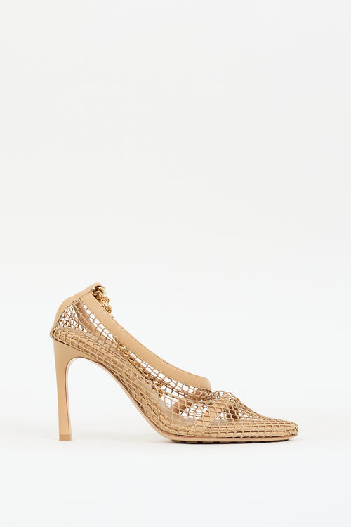 Bottega Veneta Beige Mesh & Leather Chained Ankle Heel