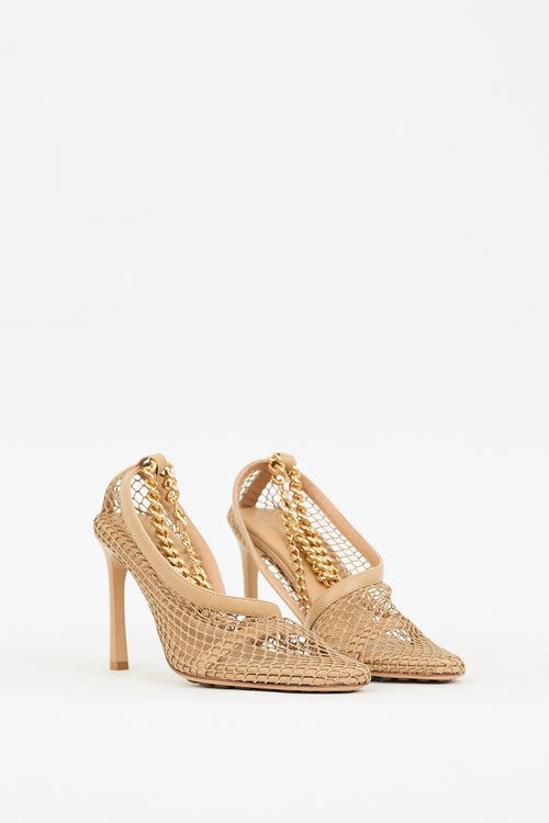 Bottega Veneta Beige Mesh & Leather Chained Ankle Heel